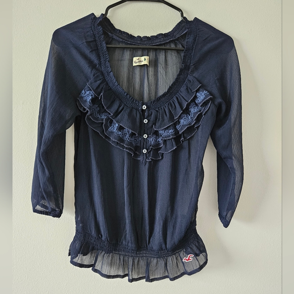 🎉 Hollister sheer navy blue blouse XS